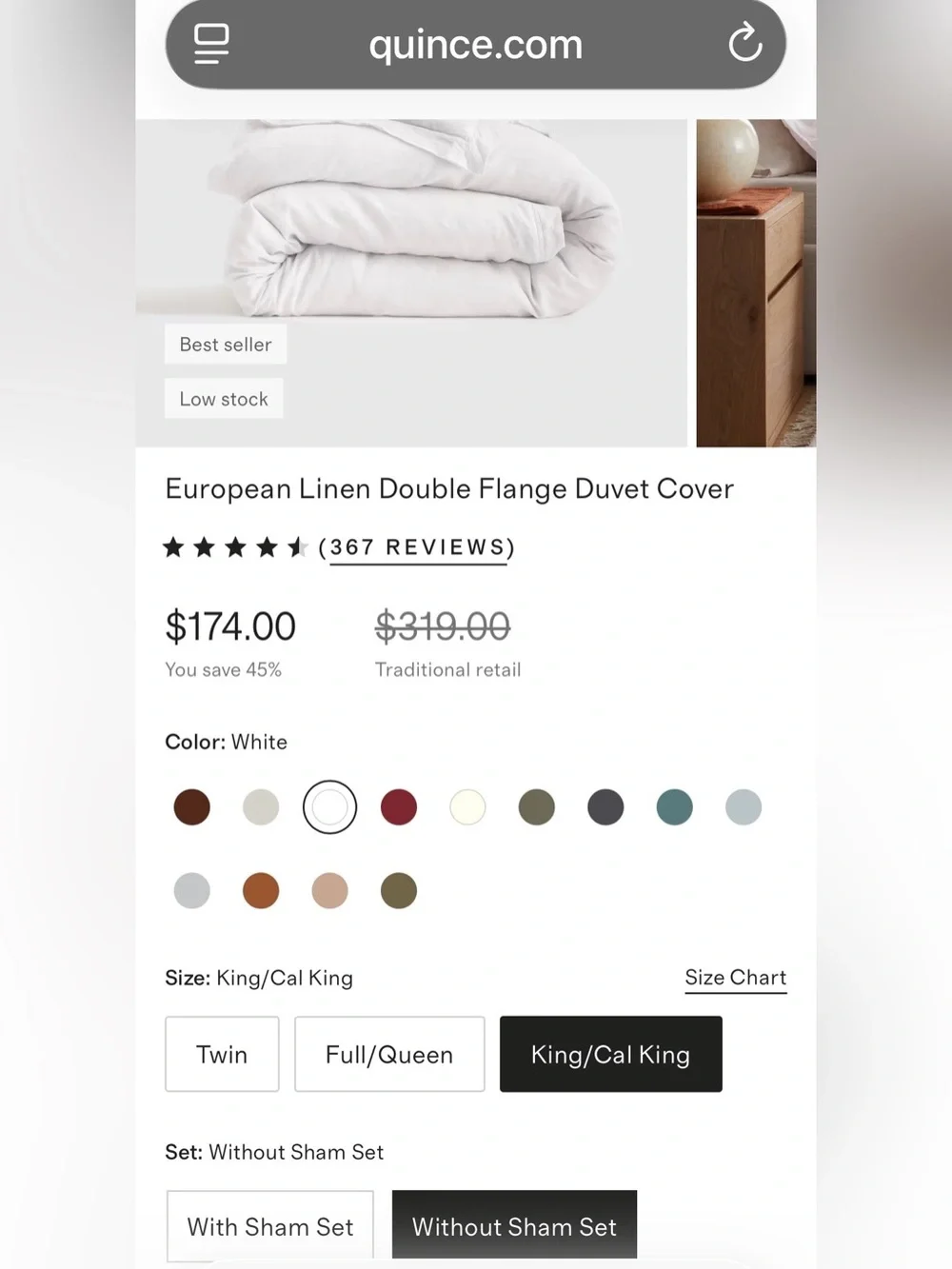 Quince European Linen Double Flange 1 Piece Duvet Cover, King/Cal (White)